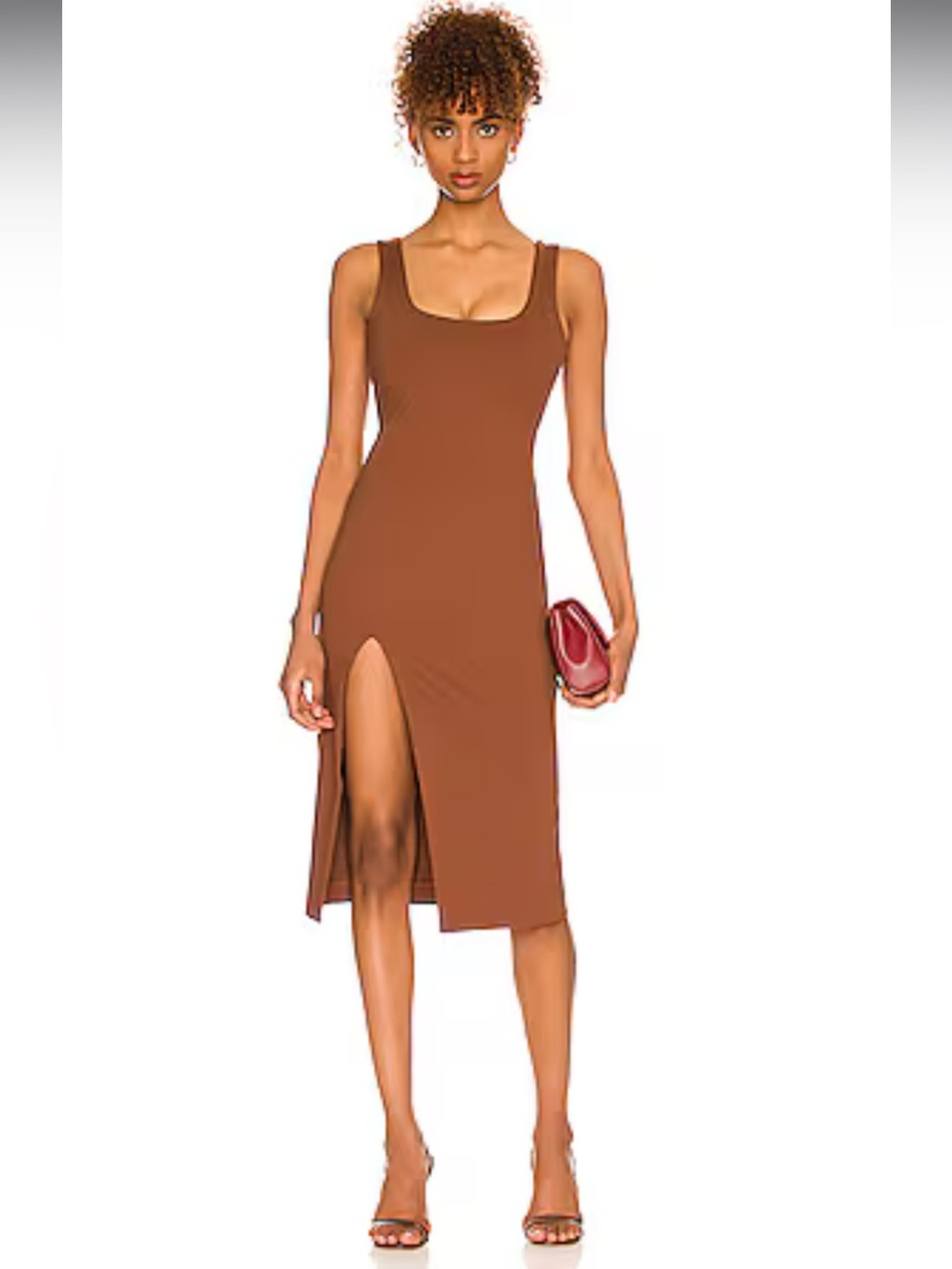 Revolve NBD Chocolate Brown Midi Dress Size XS Trendy Bodycon Fitted Front Slit